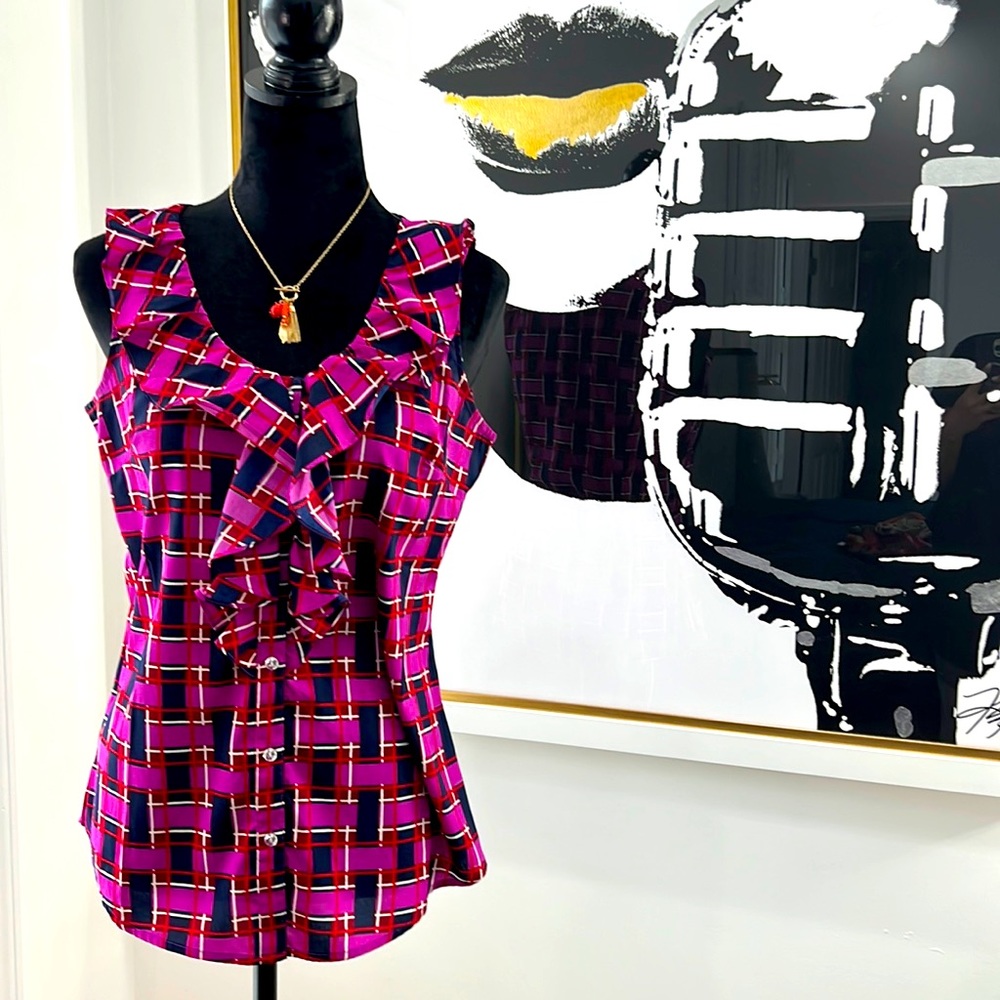 Banana Republic Pink and Navy Sleeveless Button-Up Ruffled Top, Size M